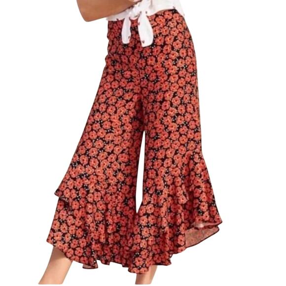 Anthropologie Coral Floral Capris Flowy Ruffle Wide Leg Zipper Side ZZ28 - Picture 1 of 12